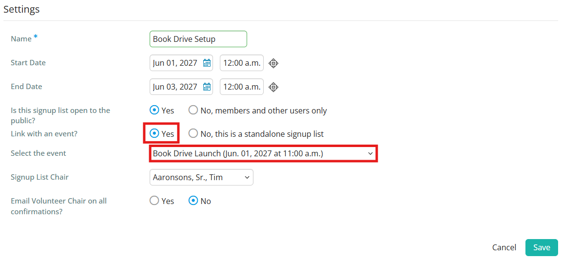 Choose Link with an event and select the event from the drop-down list