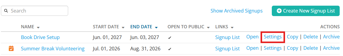 Click Settings on the right-hand side of the signup list