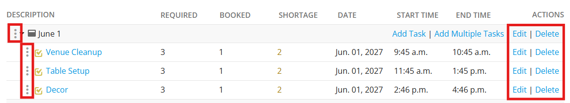 Use the actions column to make changes or click and drag the three dots to rearrange