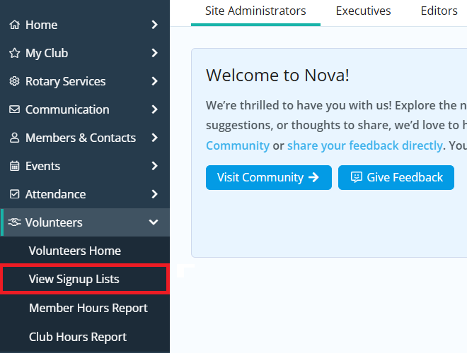 Click the arrow next to Volunteers and then click View Signup Lists