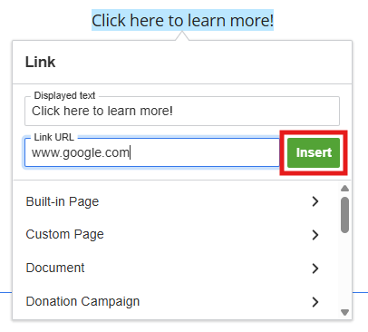 Enter the URL you wish to link to and click Insert