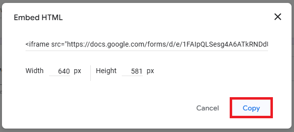 Set width and height and copy embed html