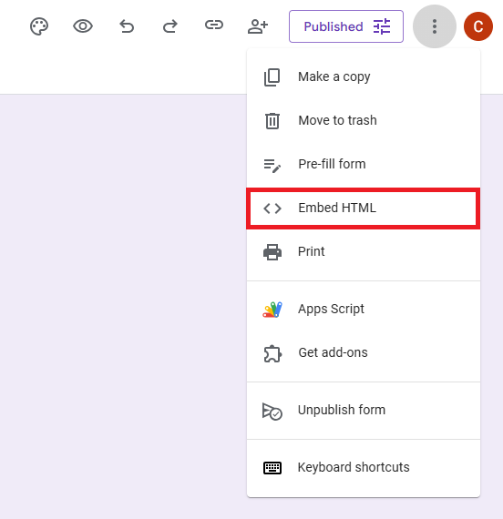 Click three-dot menu and then Embed HTML
