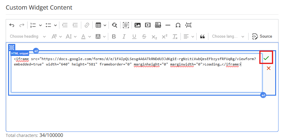 Paste the embed code and click the checkmark icon
