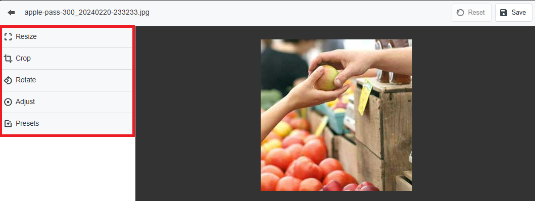 Click on each image editing option to expand the selection