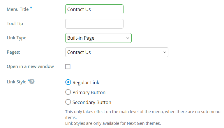 Select the link style for the new item