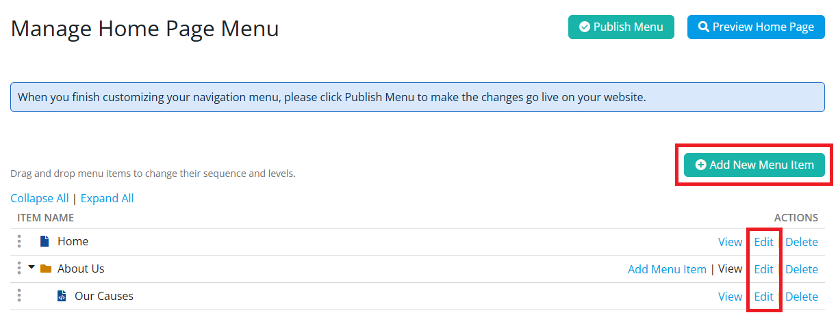 Click Add New Menu Item or Edit on an existing item