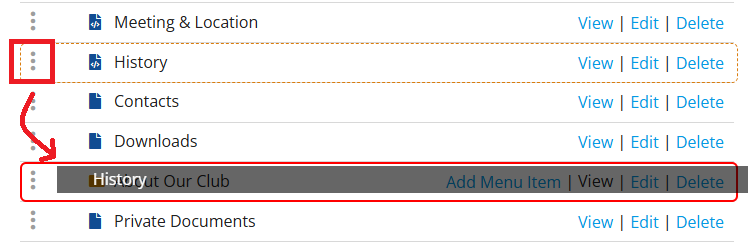 Drag and drop menu items into the folder