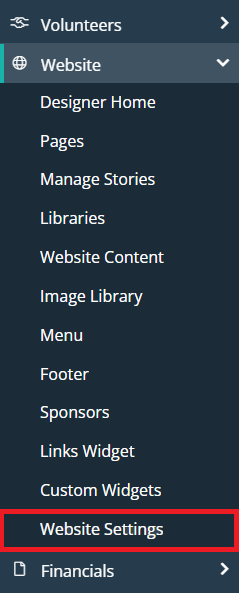 Click Website and then Website Settings in the left-hand menu