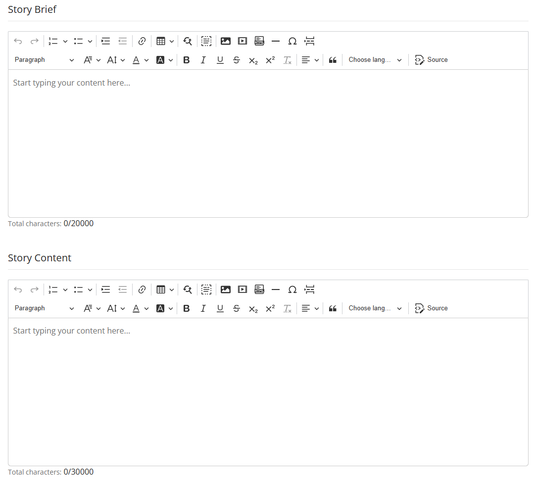 Enter story content into the Story Brief and Story Content sections