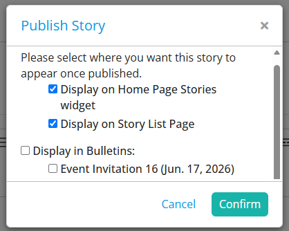 Select the display options for the story and click Confirm