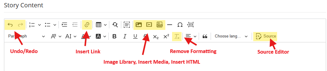 Various tools in the story editor
