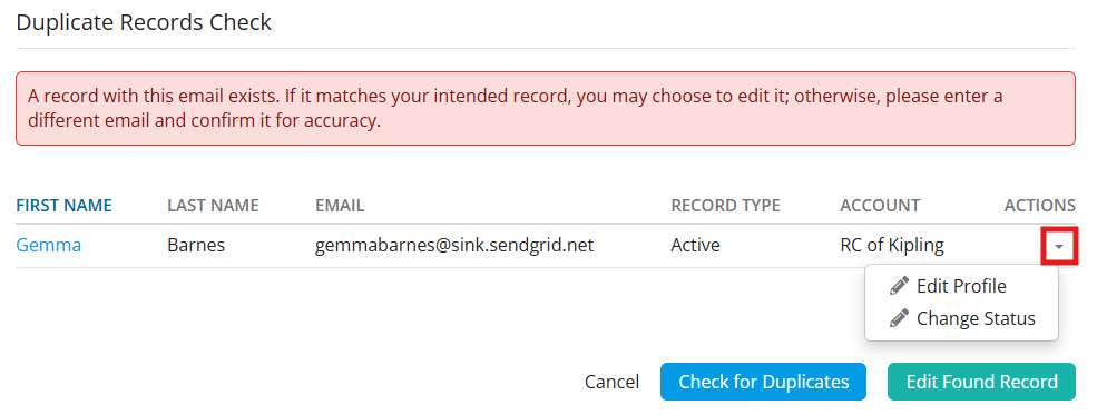 Select an option if duplicates are found
