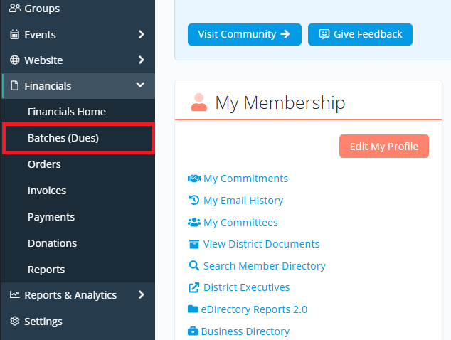 Click the arrow next to Financials and then Batches (Dues)