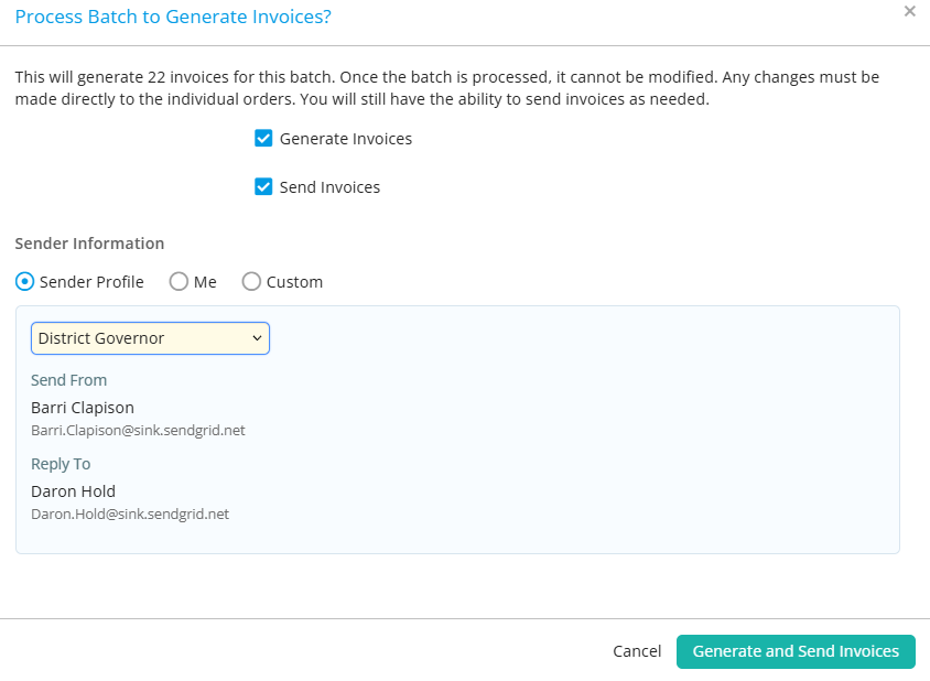 Select to send the invoices and choose a sender, then click Generate and Send Invoices