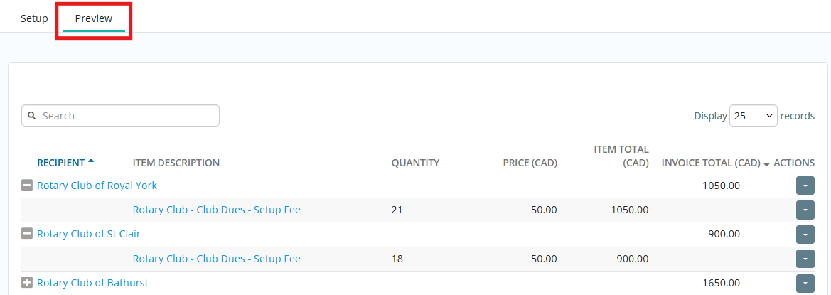 Click the Preview tab to view the invoices that will be generated
