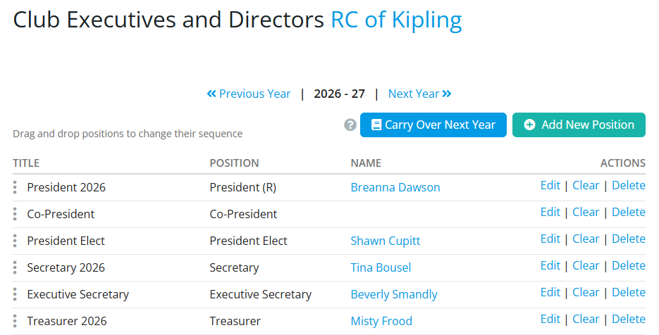 List of officers, click Previous Year or Next Year to navigate from current year