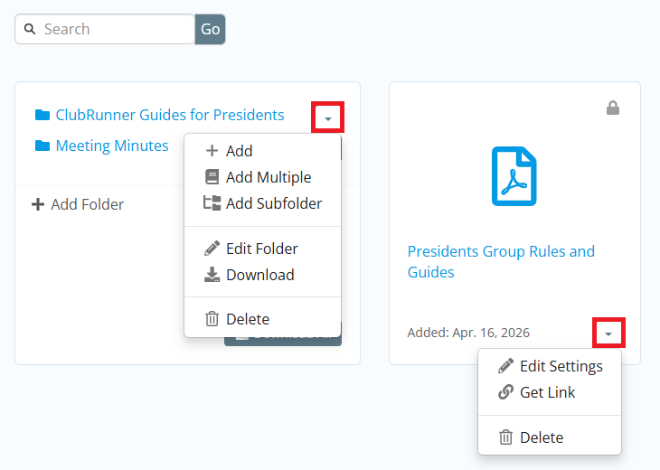 Use drop-down arrows to view available options for files and folders