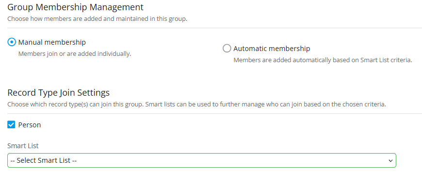 Select an option for group membership management