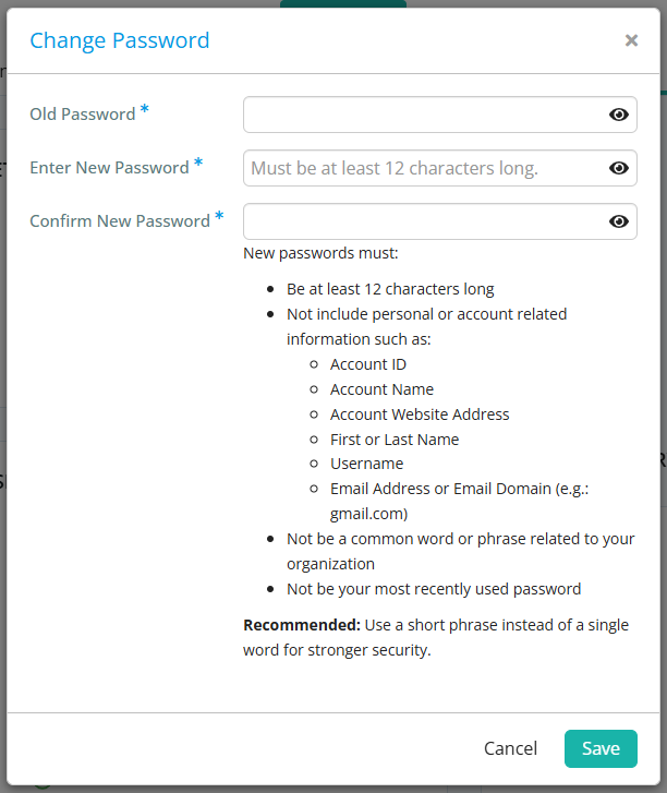 Enter your current password, then enter and confirm your new password and click Save