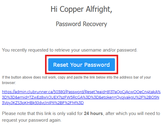 Click the Reset Your Password button in the email