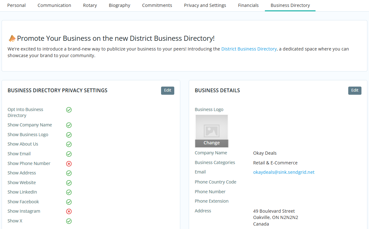 View of Business Directory Tab