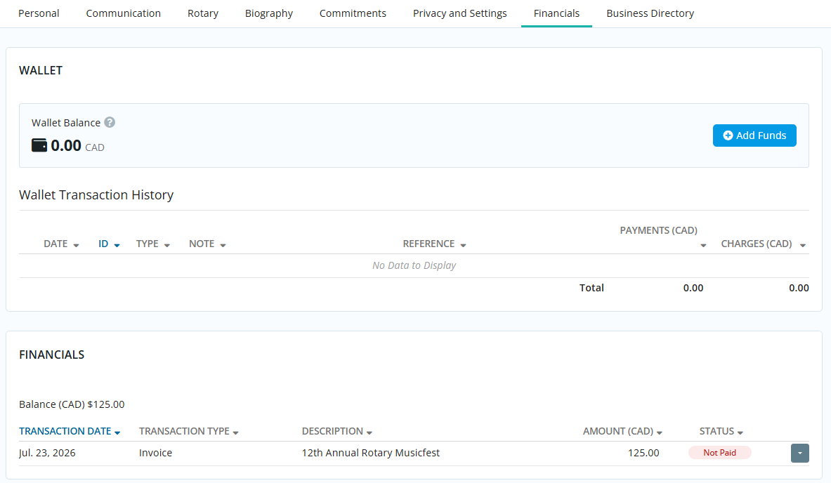 View of Financials Tab