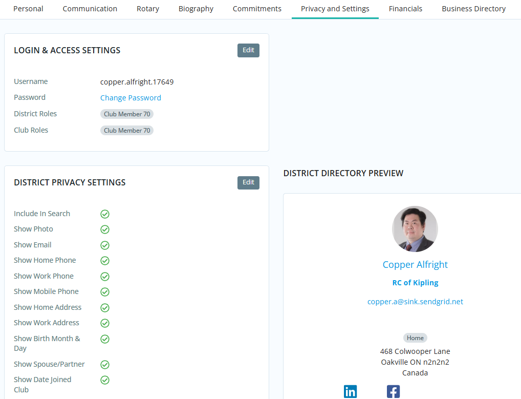 View of Privacy and Settings tab