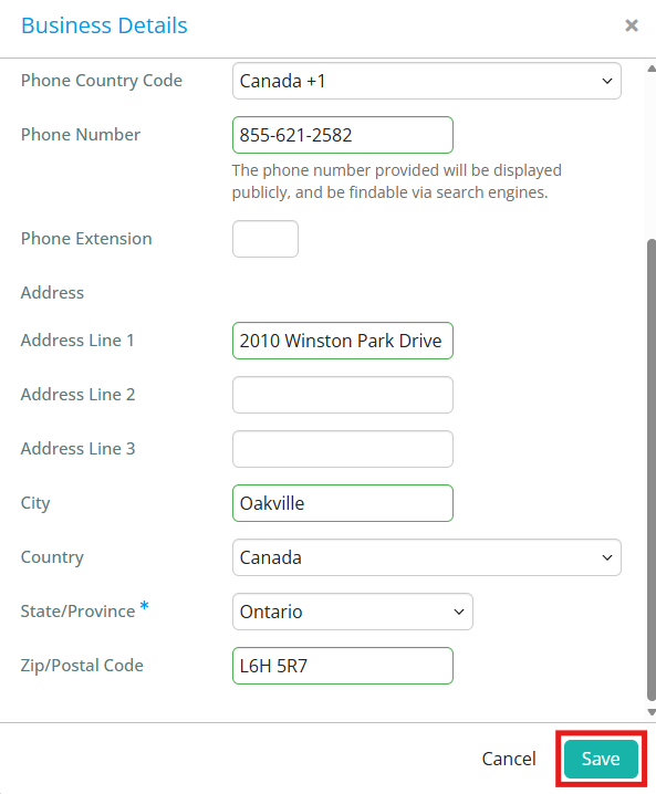 Enter information about the business and click Save