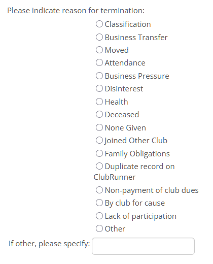 Select a reason for the termination or input a custom reason using Other
