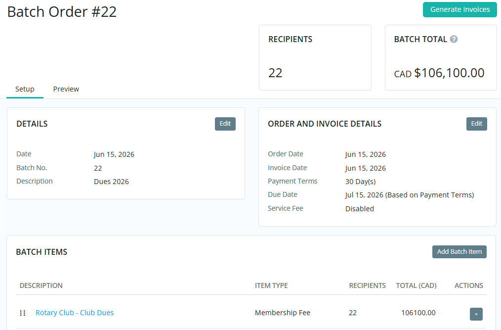 Create batch orders of items for members and contacts