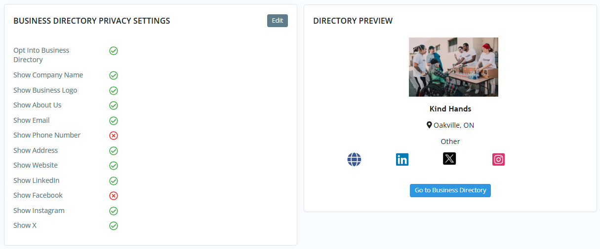 Opt in and manage business directory settings from the profile