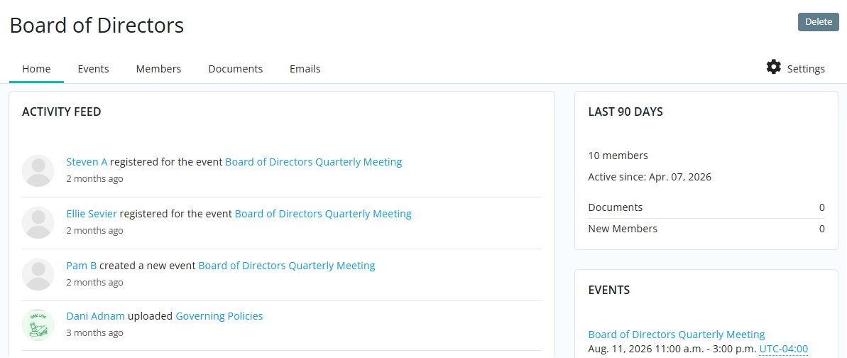 Track group activity, events, members, documents, and emails