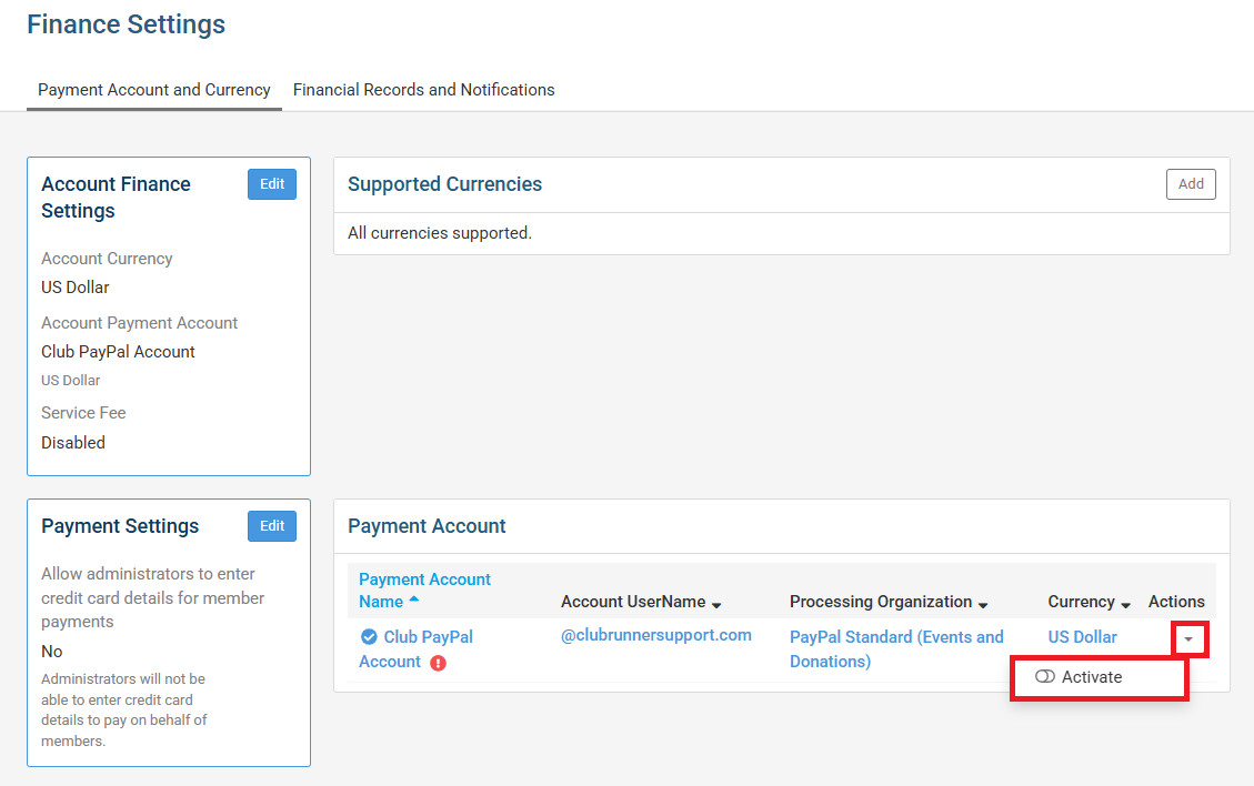 Click the drop-down actions arrow, then click Activate