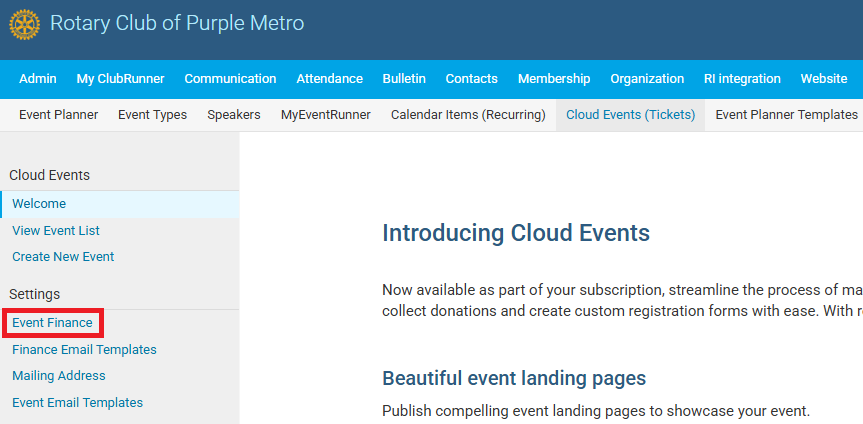 Click Event Finance in the left-hand menu
