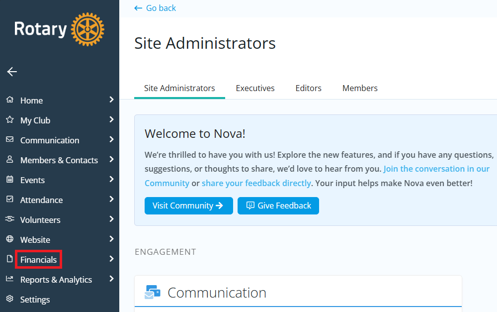Click Financials in the left-hand menu navigation