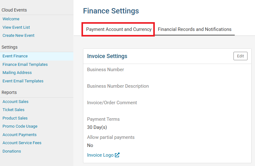 Click Payment Account and Currency