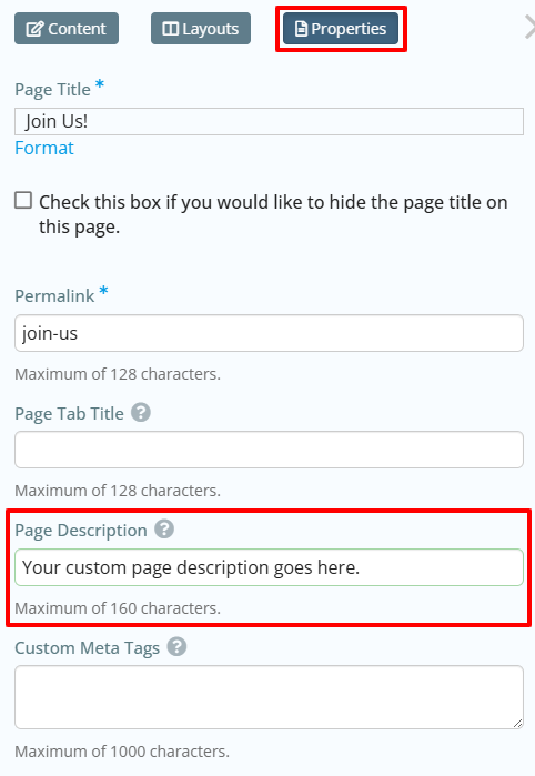 Custom page properties page description
