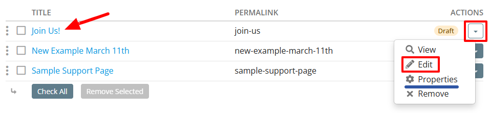 Custom pages list view