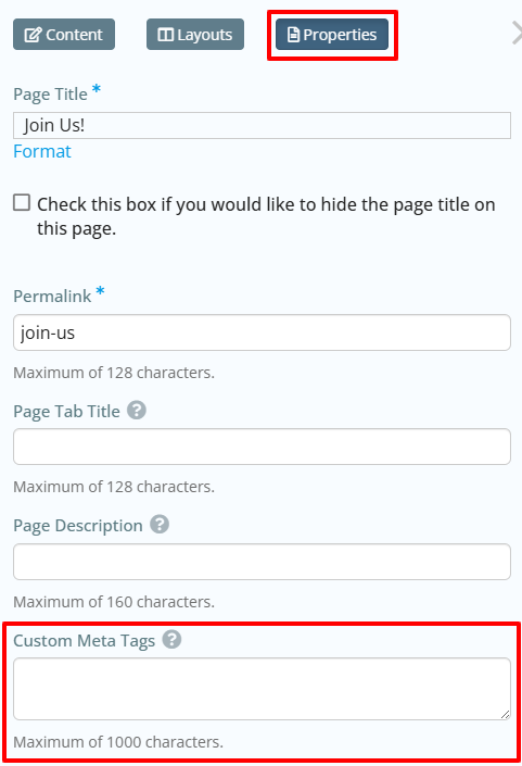 Custom page html meta tags