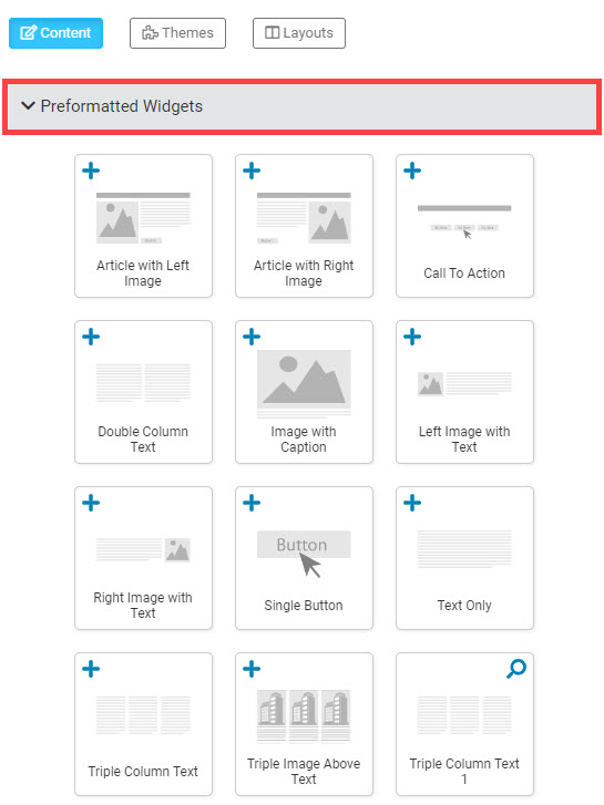 Click the widget category drop-downs to see available widgets