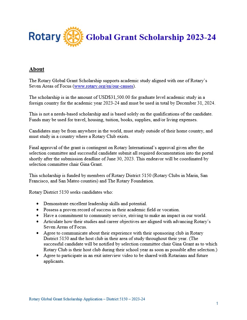 District 5150 Global Grant Guidelines Rotary Club of Ignacio