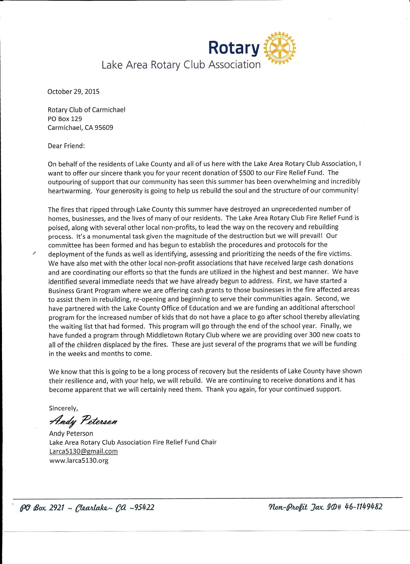 Thank You for donation to the Fire Relief Fund Rotary Club of Carmichael