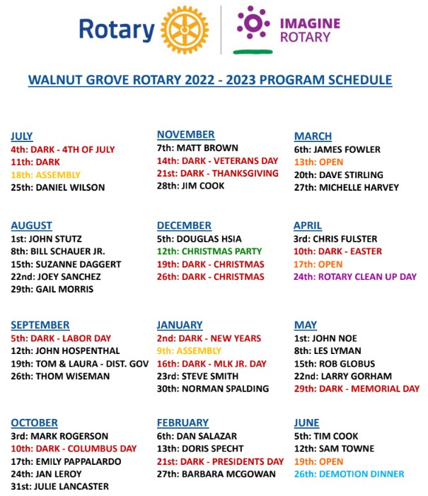 Members Speaker Program Calendar 20222023 Rotary Club of Walnut Grove