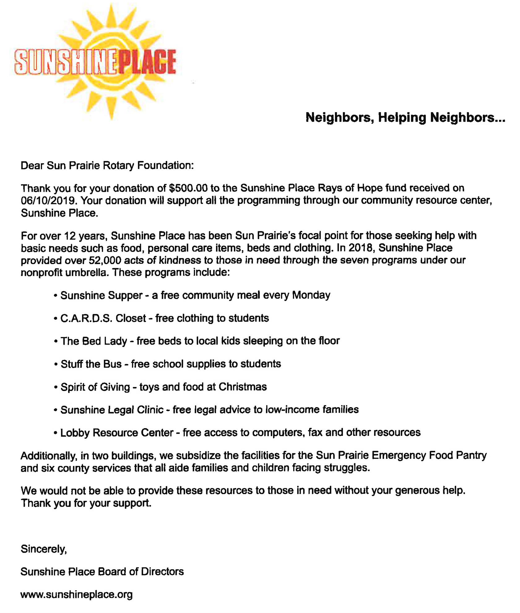 Thank You Letter From Sunshine Place Rotary Club Of Sun Prairie