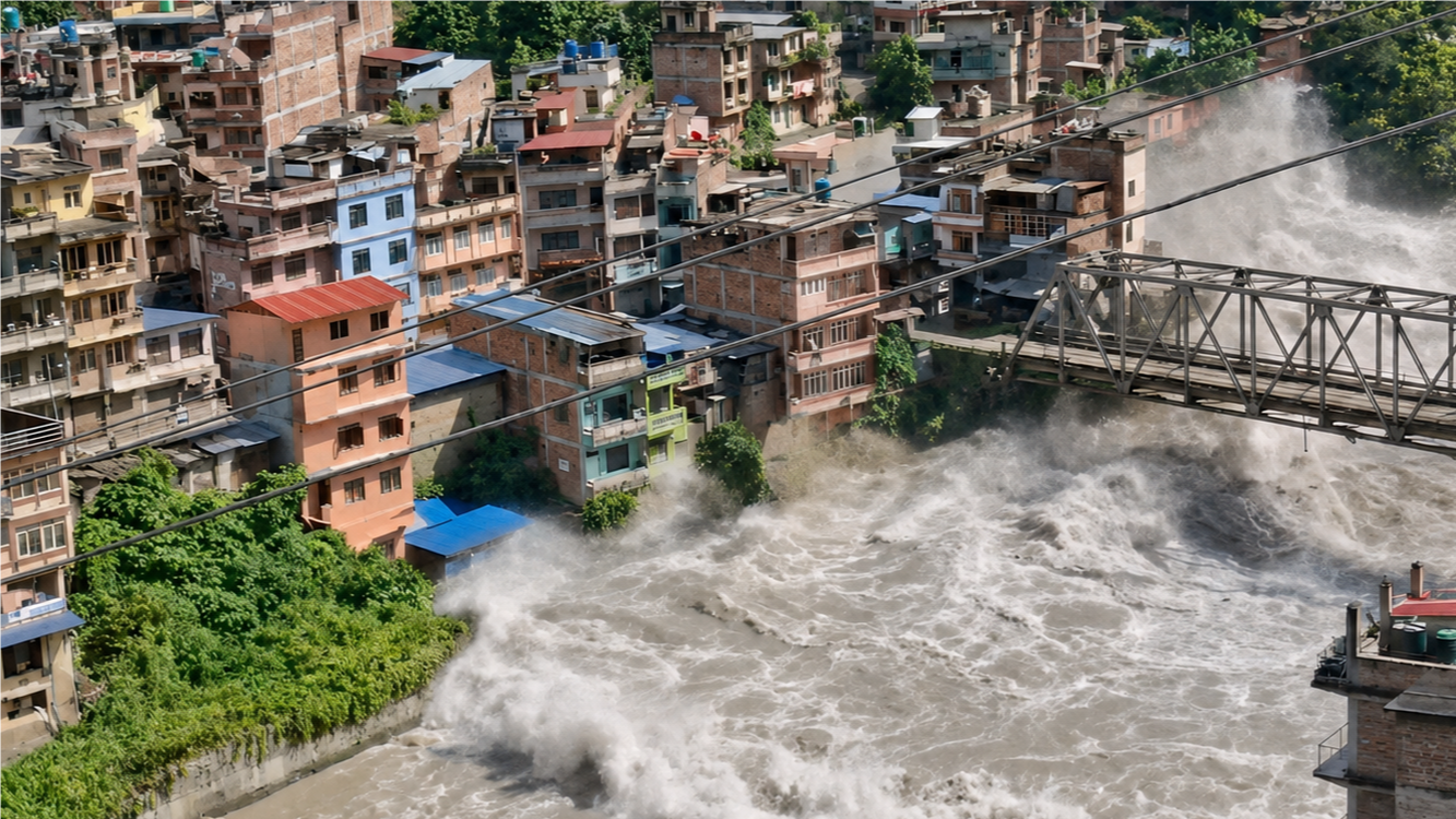 Raging floodwaters smash into buildings on a riverbank in Nepal.