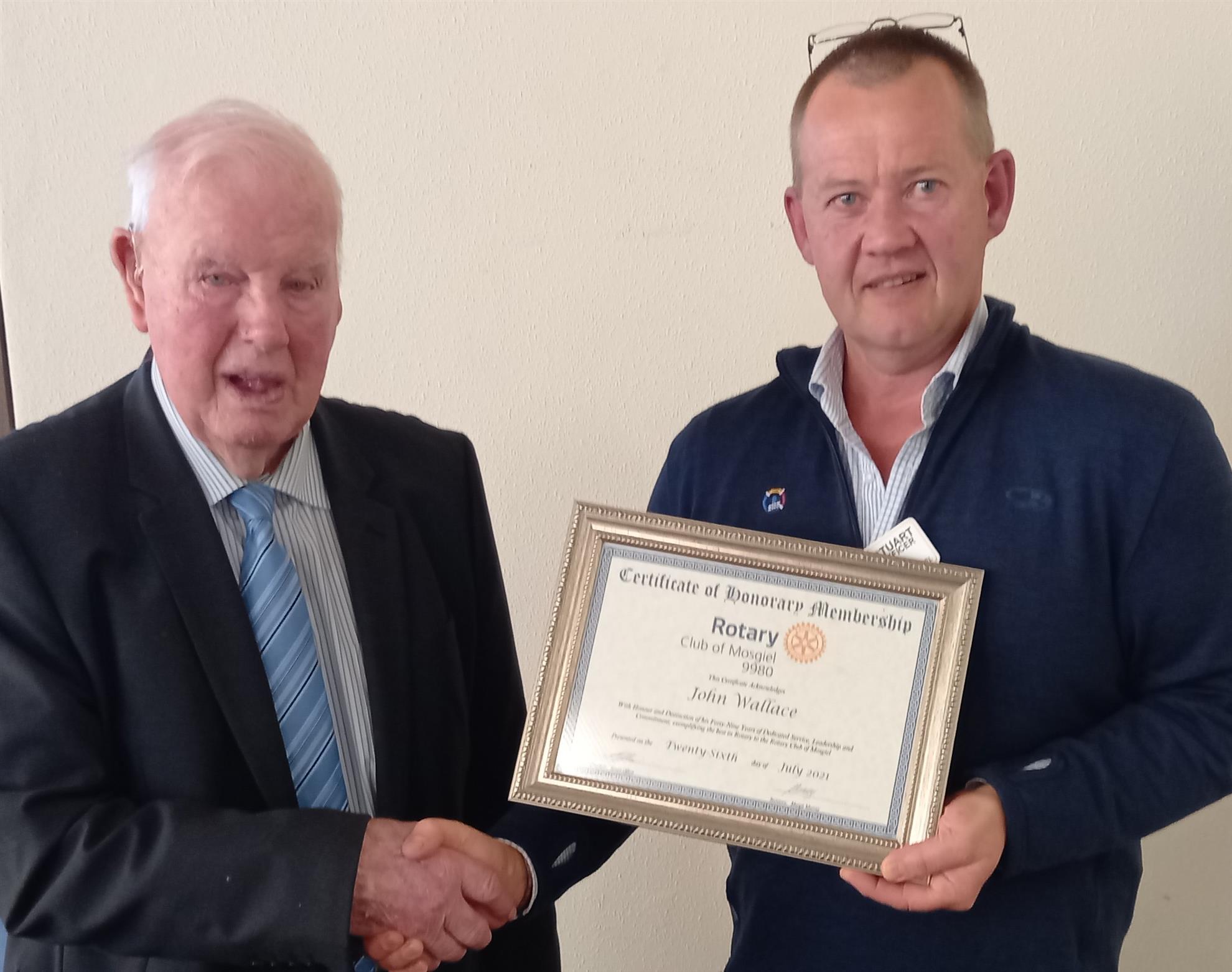 John Wallace, Honorary Member The Rotary Club of Mosgiel