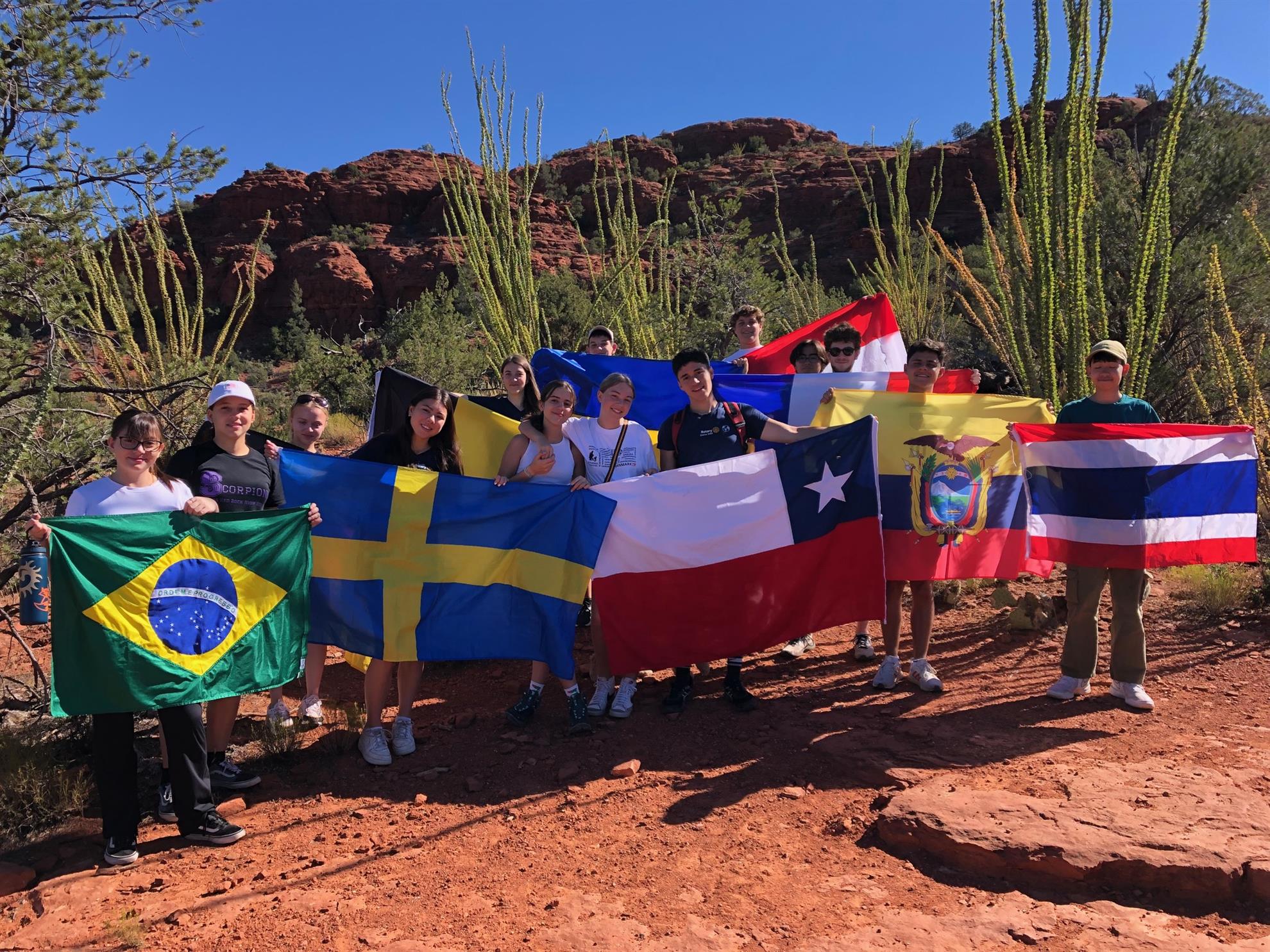 Stuedent exchange visitors to Sedona display their flags.