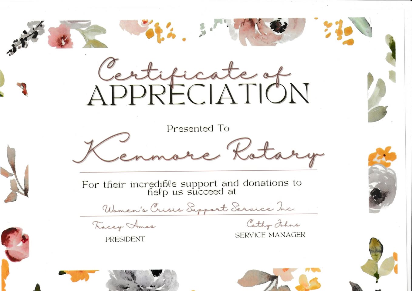Appreciation from Women's Crisis Support Center