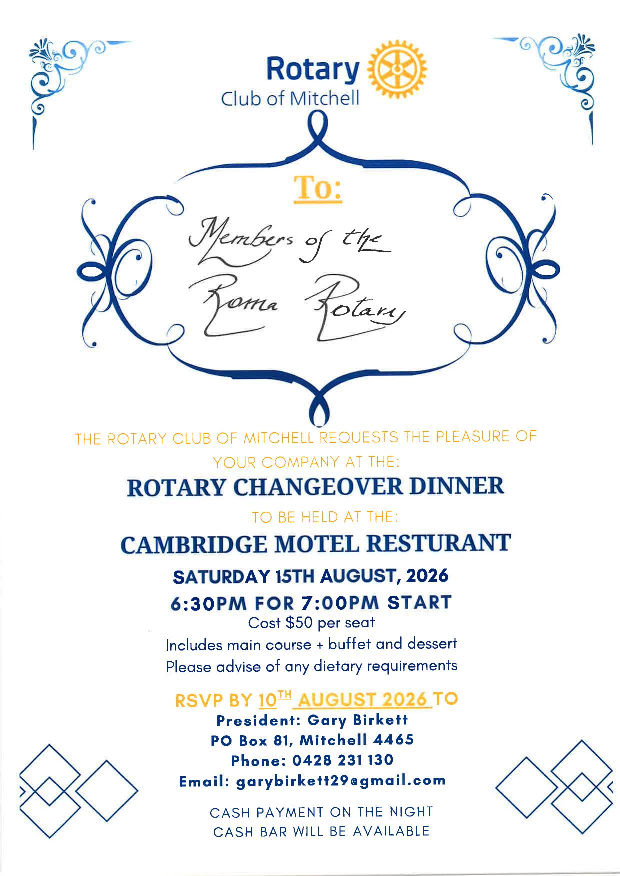 Rotary Club of Mitchell Changeover Dinner invitation